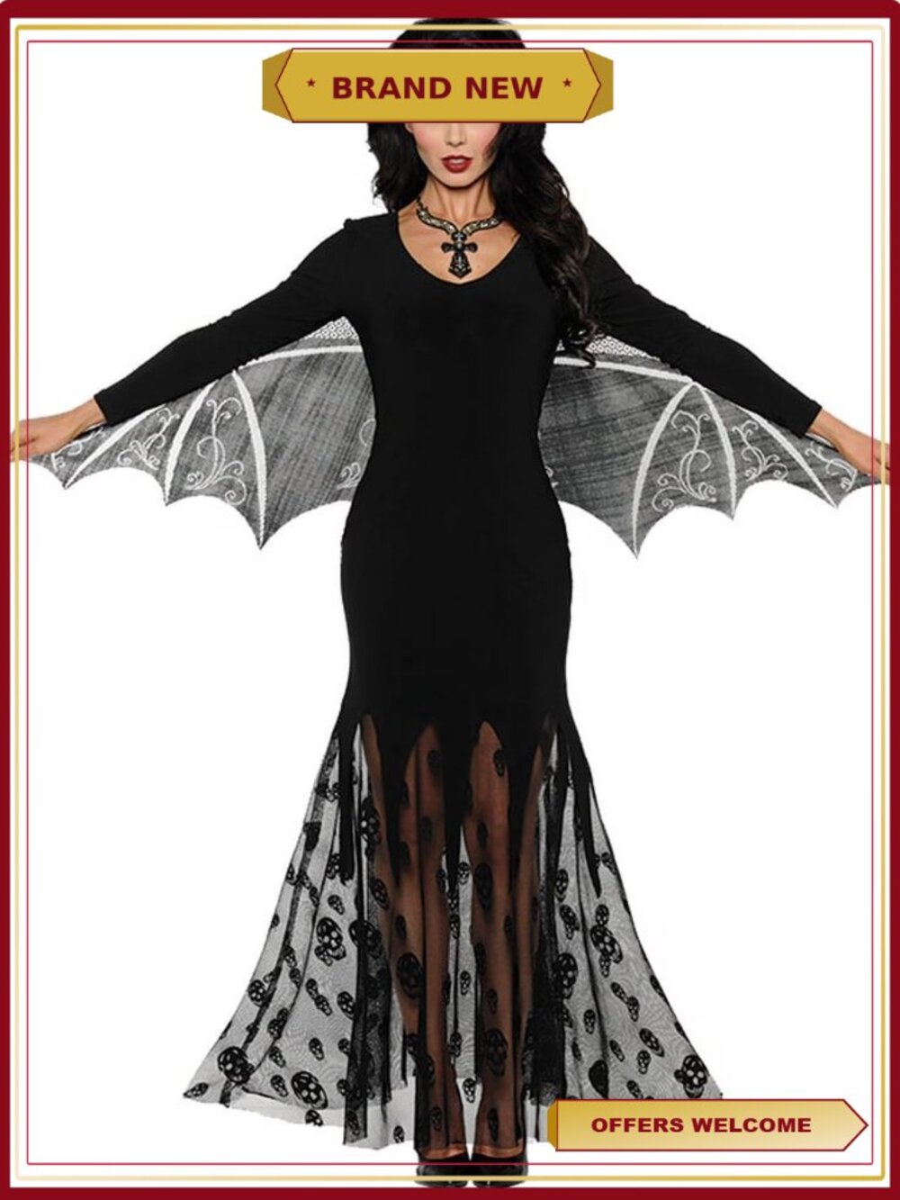 Vampiress Sexy Black Dress Costume with Lace Bat Wings Adult XL